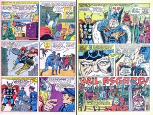 On the left: From Journey into Mystery #107, August 1964, by Stan Lee, Jack Kirby and Chic Stone. On the right: From Thor #140, May 1967, by Stan Lee, Jack Kirby and Vince Colletta. Click to enlarge. (Images © Marvel)